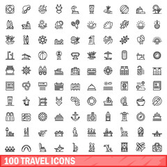 Poster - 100 travel icons set. Outline illustration of 100 travel icons vector set isolated on white background