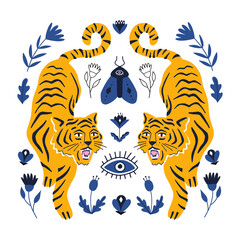 symmetrical concept with tigers and mystical boho elements. hand drawn vector illustration