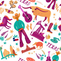 Seamless pattern with symbols and animals of America Texas state. Full color icons on white background vector illustration.