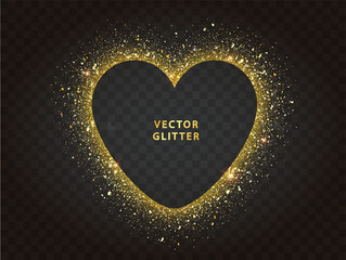 Wall Mural - golden glitter heart frame with space for text. golden sparkles on black background.