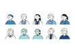 Doodle set of avatar medical team, hospital staff, hand-drawn icon style, character design, vector illustration.