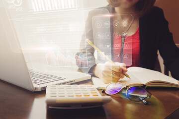 Poster - Business people using computer laptop HUD screen display projection, reading charts graphs statistics analyzing data gathering information technology business design idea planning, work desk station