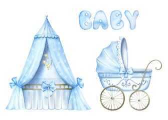 blue cradle and stroller for baby boy.watercolor hand painted illustrations isolated on white backgr