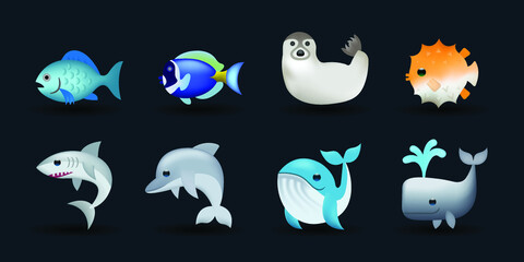 Sea, Ocean Animals Vector Illustration Emojis collection, Icons Set. Fishes, dolphin, whale, seal puffer fish emoji set. Sea Mammals Collection. 3d illustration.