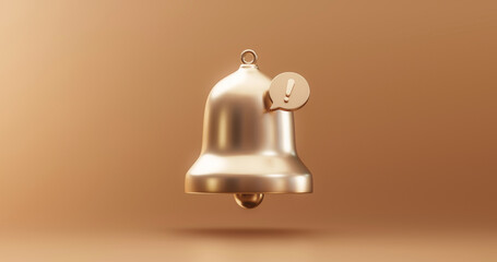 Fototapete - Gold important update notification bell alarm icon or receive email attention sms sign and internet message illustration on golden background with web communication symbol element. 3D rendering.
