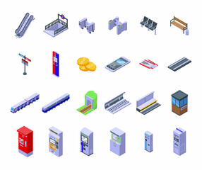 Poster - Subway ticket machine icons set isometric vector. Vending atm. Bank card
