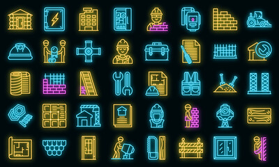 Poster - Builder icons set. Outline set of builder vector icons neon color on black