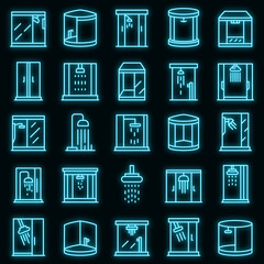 Sticker - Shower stall icons set. Outline set of shower stall vector icons neon color on black