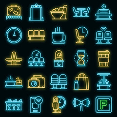 Poster - Waiting area icons set. Outline set of waiting area vector icons neon color on black