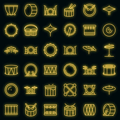Poster - Drum icons set. Outline set of drum vector icons neon color on black