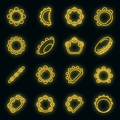 Poster - Tambourine icons set. Outline set of tambourine vector icons neon color on black