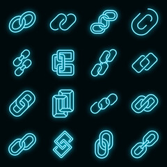 Poster - Chain link icons set. Outline set of chain link vector icons neon color on black