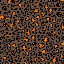 Halloween Themed Leopard Pattern With Skulls And Pumpkins