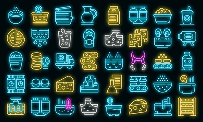 Poster - Cheese production icons set. Outline set of cheese production vector icons neon color on black