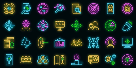 Poster - target audience icons set. outline set of target audience vector icons neon color on black
