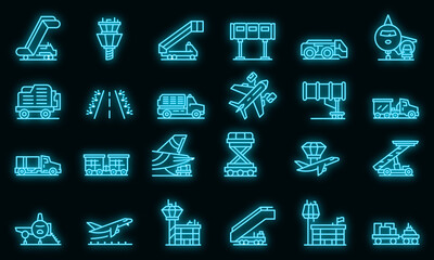 Airport ground support service icons set. Outline set of airport ground support service vector icons neon color on black