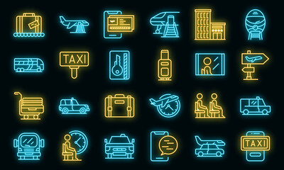 Poster - Airport transfer icons set. Outline set of airport transfer vector icons neon color on black