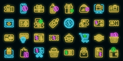 Poster - Online voucher icons set. Outline set of online voucher vector icons neon color on black