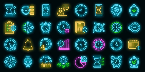 Poster - Time management icons set. Outline set of time management vector icons neon color on black