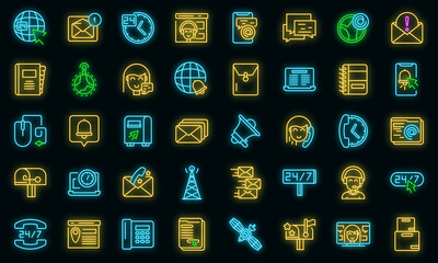 Poster - Contact us icons set. Outline set of contact us vector icons neon color on black