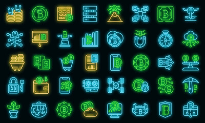 Canvas Print - Cryptocurrency icons set. Outline set of cryptocurrency vector icons neon color on black