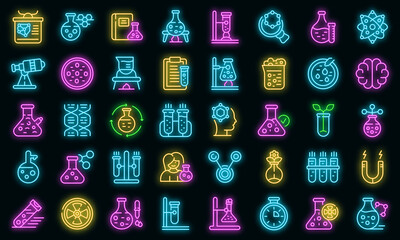 Poster - research scientist icons set. outline set of research scientist vector icons neon color on black