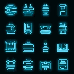 Poster - Press form machines icons set. Outline set of press form machines vector icons neon color on black