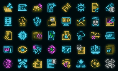 Sticker - Malware icons set. Outline set of malware vector icons neon color on black