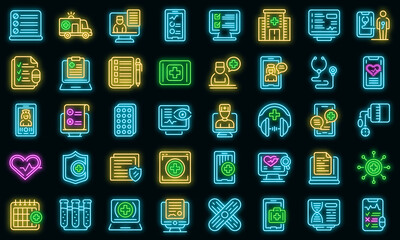 Poster - Online medical consultation icons set. Outline set of online medical consultation vector icons neon color on black