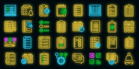Poster - Task schedule icon. Outline task schedule vector icon neon color on black