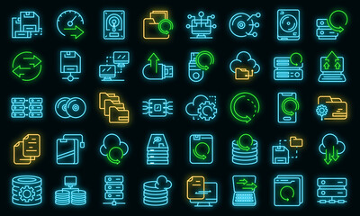 Poster - Backups icons set. Outline set of backups vector icons neon color on black
