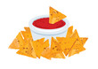 © betka82 - Nachos corn chips with red salsa sauce icon vector. Mexican corn tortilla chips with salsa dip icon isolated on a white background