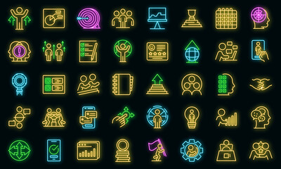 Sticker - Human resources icons set. Outline set of human resources vector icons neon color on black