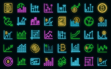 Poster - Bitcoin chart icons set. Outline set of bitcoin chart vector icons neon color on black