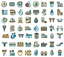 Poster - Equipment for water purification icons set. Outline set of equipment for water purification vector icons thin line color flat isolated on white