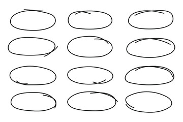 Wall Mural - Sketch oval frames. Doodle ellipse, round hand drawn frame and circled doodles. Oval brush or highlighter handwritten circle shapes isolated symbols set.