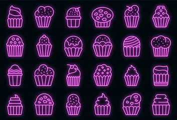 Poster - Muffin icons set. Outline set of muffin vector icons neon color on black