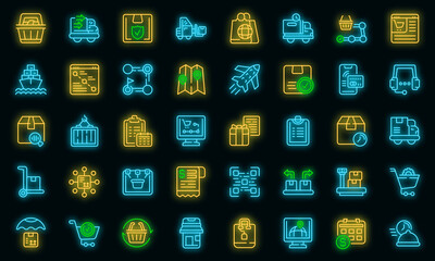 Wall Mural - Ordering process icons set. Outline set of ordering process vector icons neon color on black