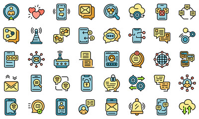 Poster - messaging network icons set. outline set of messaging network vector icons thin line color flat isol