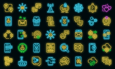 Poster - messaging network icons set. outline set of messaging network vector icons neon color on black