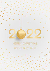 Vector Merry Christmas and Happy New Year 2022. Card with gold 3D ball. Design template. Winter background with gold snow confetti.