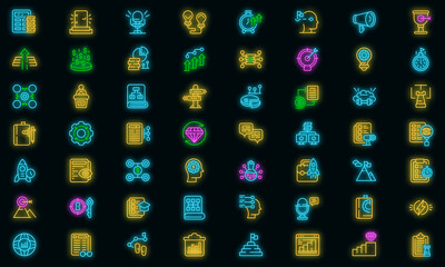 Sticker - Realization icons set. Outline set of realization vector icons neon color on black