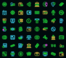 Poster - Bank cash icons set. Outline set of bank cash vector icons neon color on black