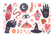 Set with mystical objects. Crystal, buddha hand, witch hat, love potion and others. Hand drawn vector illustration