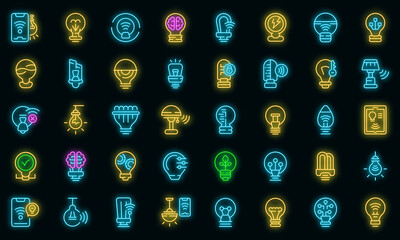 Poster - Smart lightbulb icons set. Outline set of smart lightbulb vector icons neon color on black