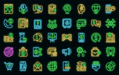 Poster - Financial support icons set. Outline set of financial support vector icons neon color on black