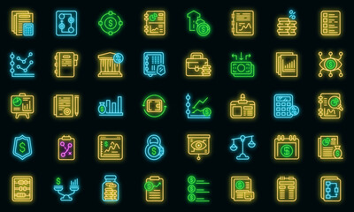 Poster - Financial planning icons set. Outline set of financial planning vector icons neon color on black