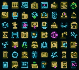 Poster - Business school icons set. Outline set of business school vector icons neon color on black