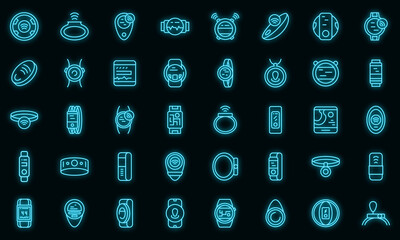 Wall Mural - Wearable tracker icons set. Outline set of wearable tracker vector icons neon color on black