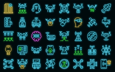 Wall Mural - Drone technology icons set. Outline set of drone technology vector icons neon color on black
